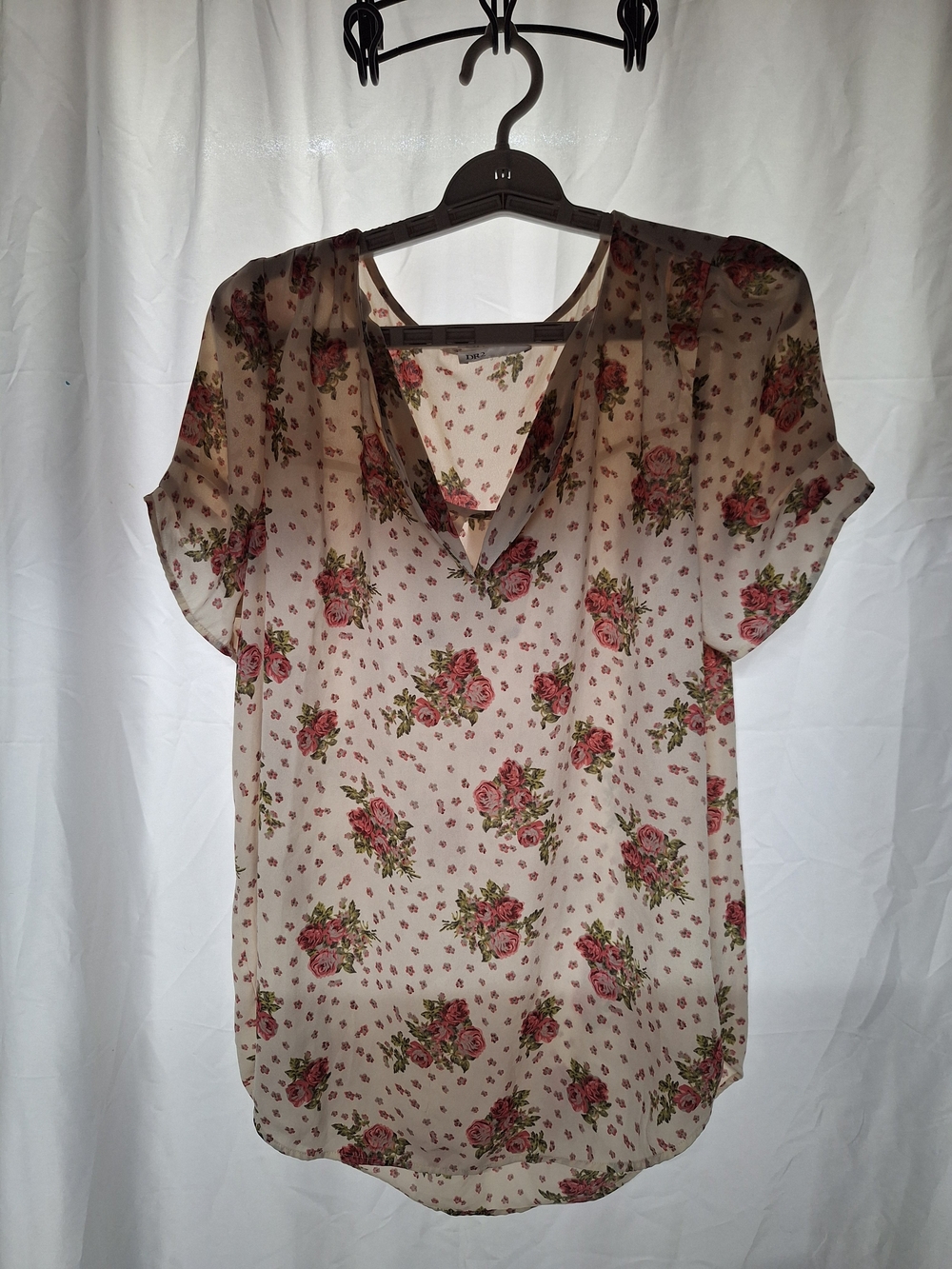 DR2 Sheer Cream Blouse with Pink Rose Print